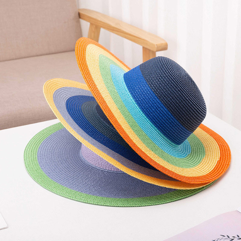 Sombrero de paja flexible con rayas arcoíris y logotipo personalizado