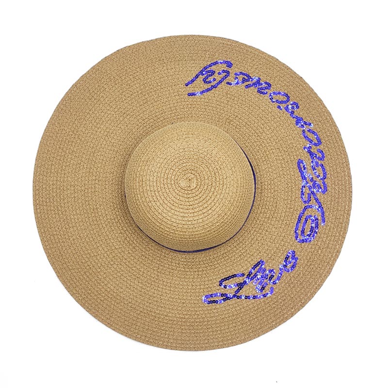 Sombrero de paja flexible de ala grande con logotipo de lentejuelas personalizado