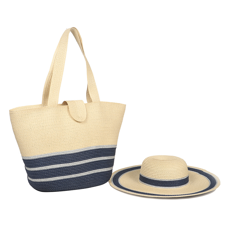 Conjunto de bolso y sombrero flexible a rayas para mujer