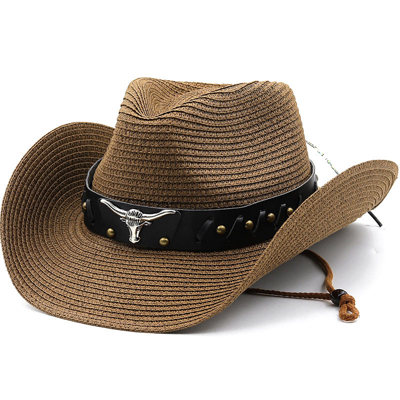 Sombrero de paja de vaquero para hombre con banda de cuero