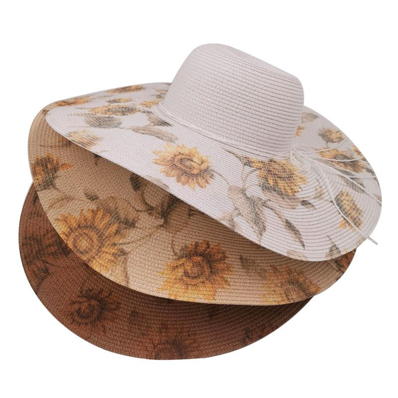 Sombrero de playa de paja con estampado de girasoles de calidad para mujer